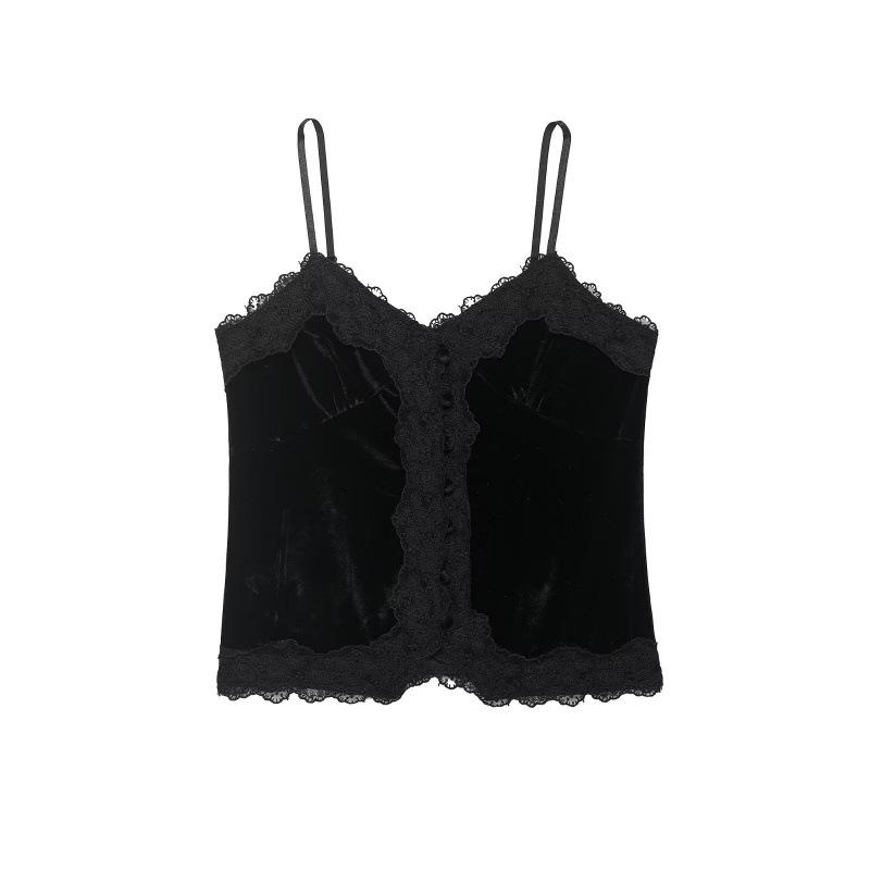2025 Winter Elegant European Black Velvet Lace Camisole Large