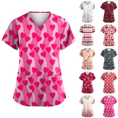 Women's Valentine's Day Printed  Uniform Work Uniform V-Neck Pocket Protective Uniform