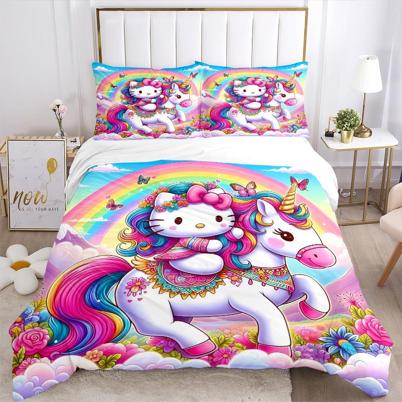 3pcs Hello Kitty As a Rainbow Unicorn Pattern Bedding Set, 1* Cover + 2*Pillowcases, Printed Bedding Set, Soft and Comfortable, Suitable for