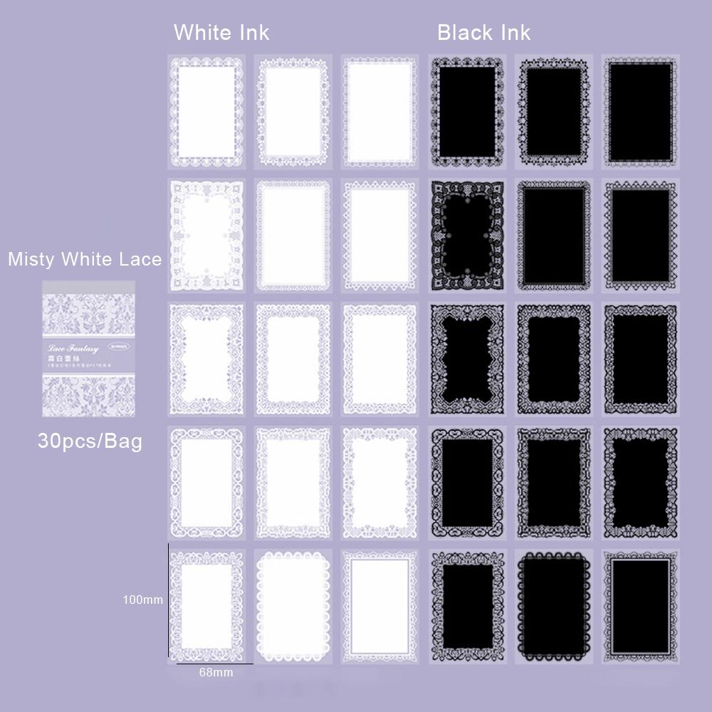 30pcs/pack Unrepeated Patterns Vintage Lace Stickers Black Ink White Ink Various Lace Boarder Sticker Card Journal Scrapbooking