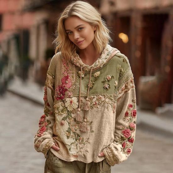 Women's Floral Print Patchwork Hoodie Oversized Vintage Pullover Sweatshirt Fall Casual Long Sleeve Hooded Outfit