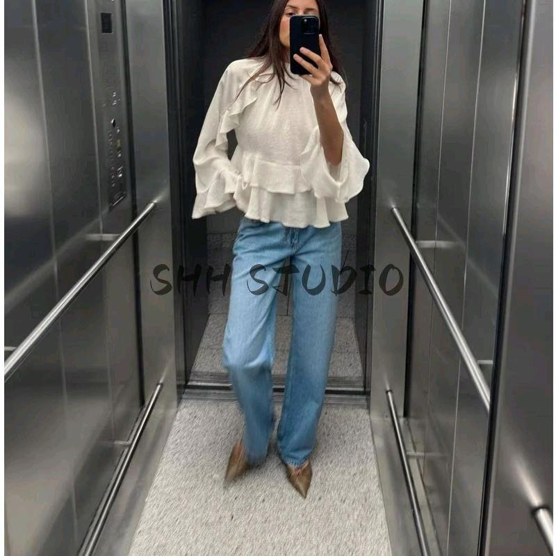 Spring New Women's Clothing American Retro Casual Stand Collar Long Sleeves Laminated Decoration Shirt Tops 2234900