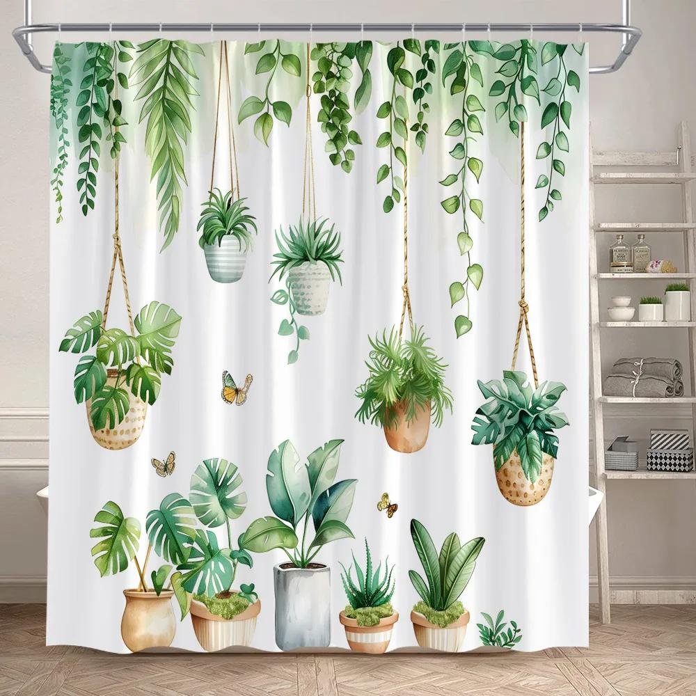 Green Plant Shower Curtains Watercolour Vine Leaves Butterfly Potted Plants Modern Polyester Fabric Home Bathroom Curtain Decor