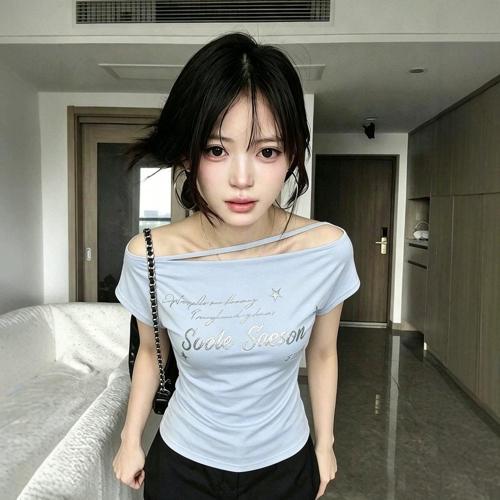 Korean Premium Sense Slant Shoulder Short Sleeve T-Shirt Women's Summer Letter Printing Design Sense Off Shoulder Tee Waist Spice Girl Top