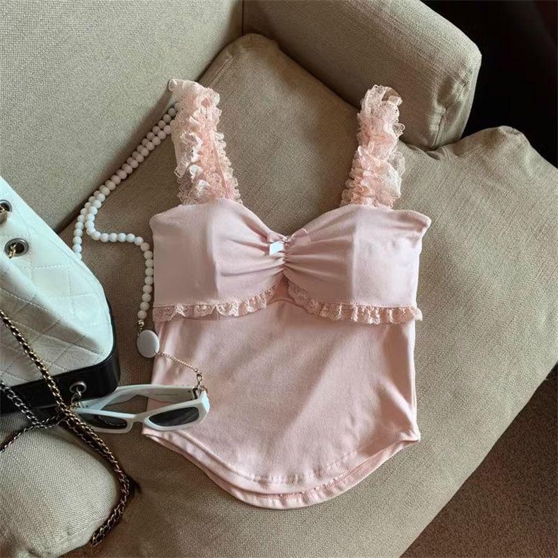 

Дизайн высококачественного кружевного жилета-камизола для женщин с красивой спиной, сладким и пряным принтом в виде бабочки, сексуальным облегающим кроем с подушкой для груди, для ношения на открытом воздухе One size розовый