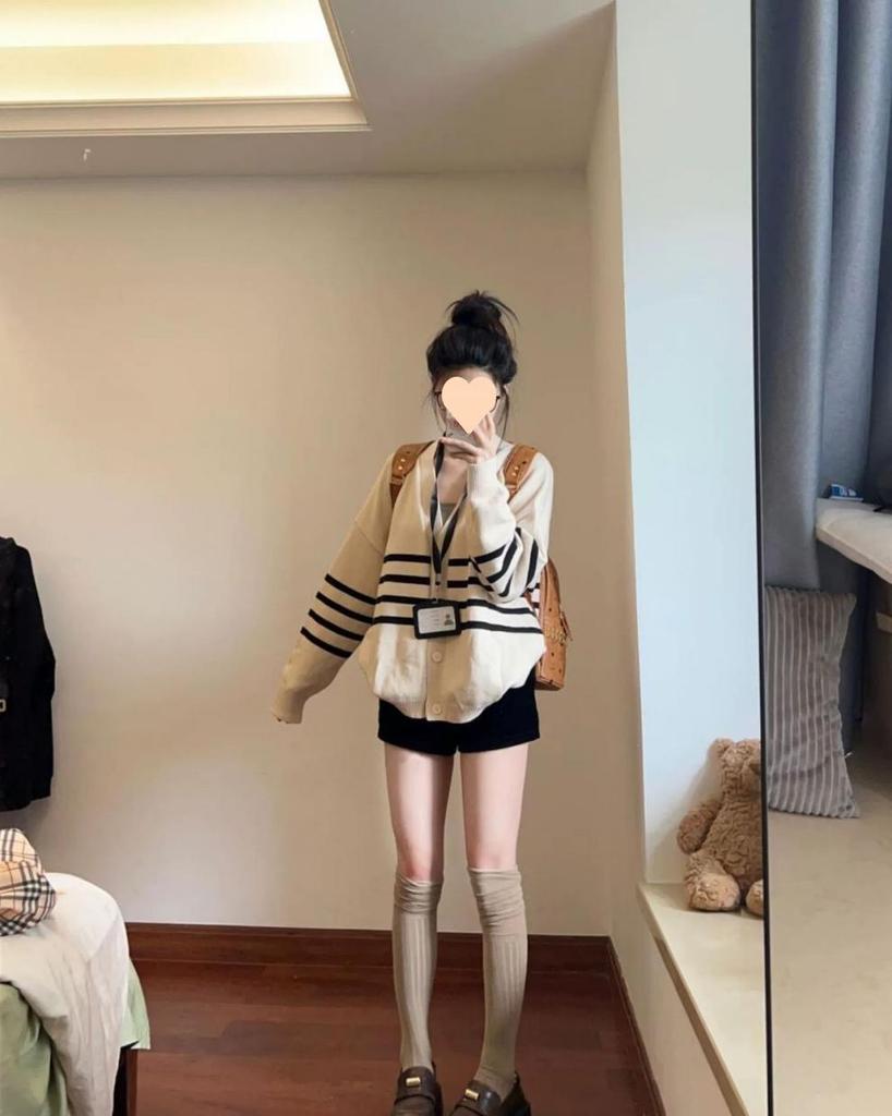 Retro Preppy Striped Cardigan Sweater - Petite Women's Knitwear for Early Autumn