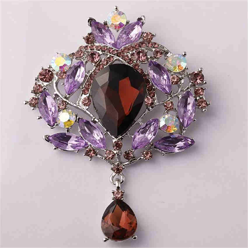 Fashion Females Glass Teardrop Pendant Gorgeous Flower Shape Large Drop Brooch Pin