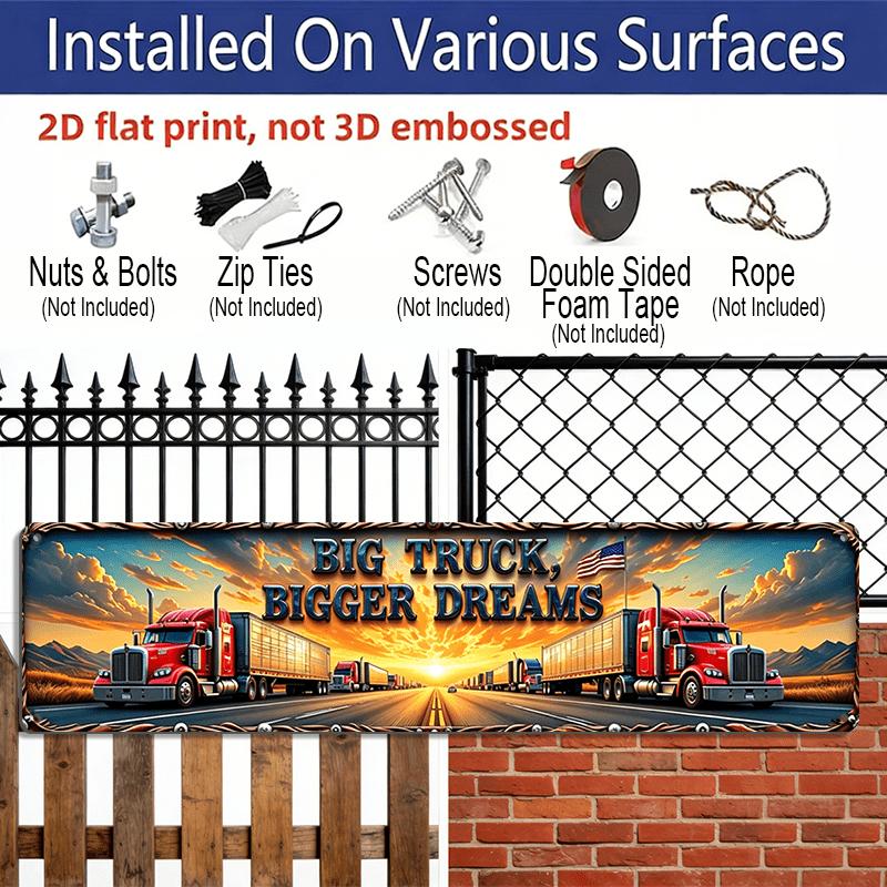 2D Flat, Vintage American Road Culture Aluminum Decorative Sign - Retro Red Truck & Flag Metal Decor with Frame Suitable for, Truck Stop, Restaurant