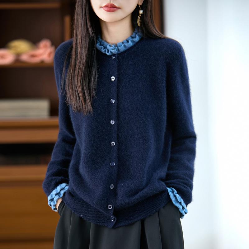 

Кардиган-пальто из французского кружева на осень/зиму 2025: 100% Чистая Шерсть, Модный Свитер, Молодящий XL 65-70 kg темно-синий