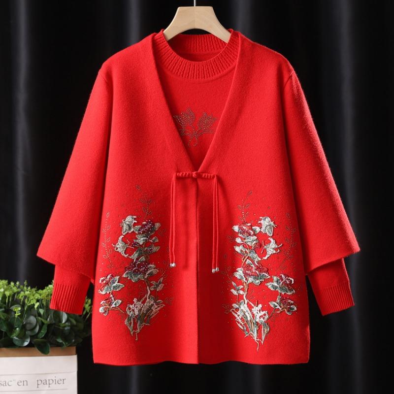 

Мама весна и осень вязаный свитер куртка короткий свитер кардиган женщина среднего возраста осень и зима внутренний топ комплект 4XL красный