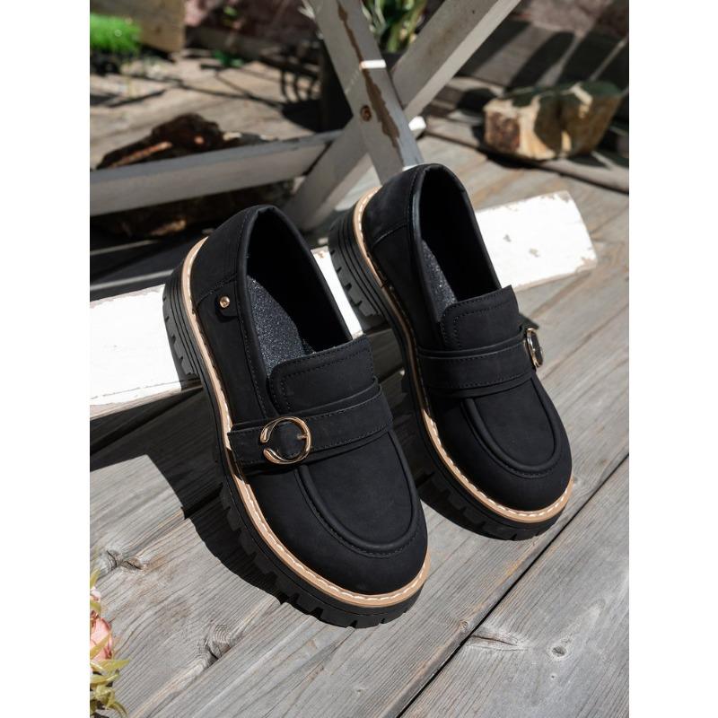 Women Suede Platform Loafers Chunky Heel Retro British Style Casual Shoes