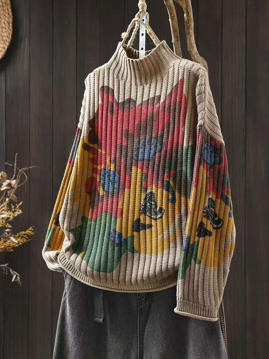 

Johnature Женские свитера-пуловеры с цветочным принтом Зимние вязаные повседневные женские свободные свитера One Size хаки