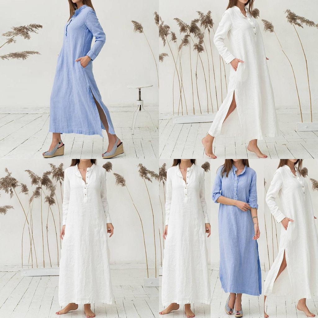 Luxusní dámský kaftan Bavlna Dlouhý rukáv Jednobarevný Ležérní Oversized Maxi košilové šaty