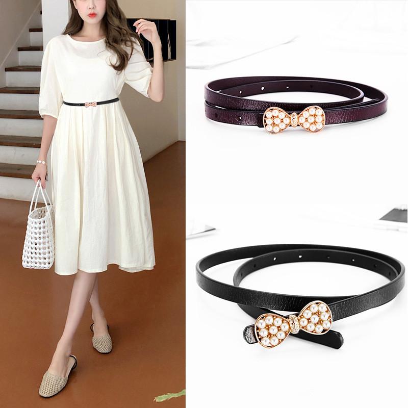 Leather Waist Belt For Women With Pearl Butterfly Decor Summer Casual Dress Accessory