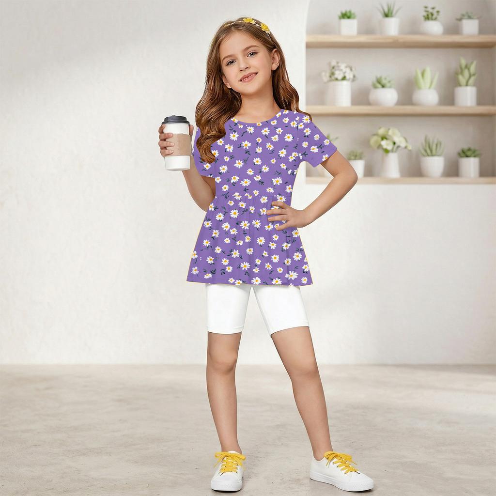 Girls Summer Outfit Short Sleeve Ruffle Hem Top with Floral Print and Solid Color Shorts Two Piece Set for Kids Casual Wear