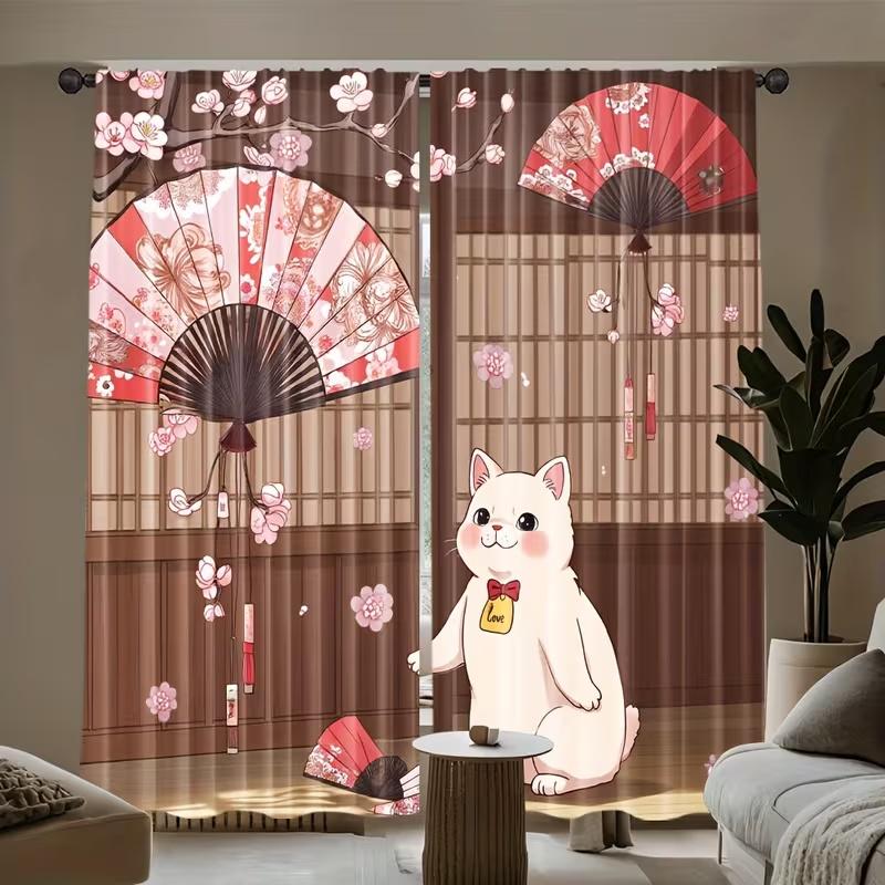 Japanese Cat Print Curtains Suitable Bedroom Living Room Kitchen Decoration Home Window Curtain Set Of 2 Made Polyester Washable Sitting Ready