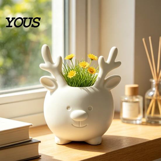 Ceramic Style Vase 3D Printed Reindeer Succulents Planter Pot for Indoor Plants, Decorative Desktop Office Desk Accessory Organizer, Christmas