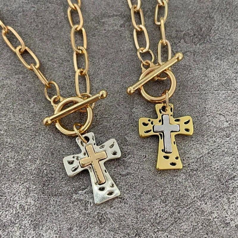 1PC Retro Boho Cross Pendant Necklace Chunky Statement Pendant Necklace for Women Unique Silvery Golden Chain Necklace Religious Christian Cross