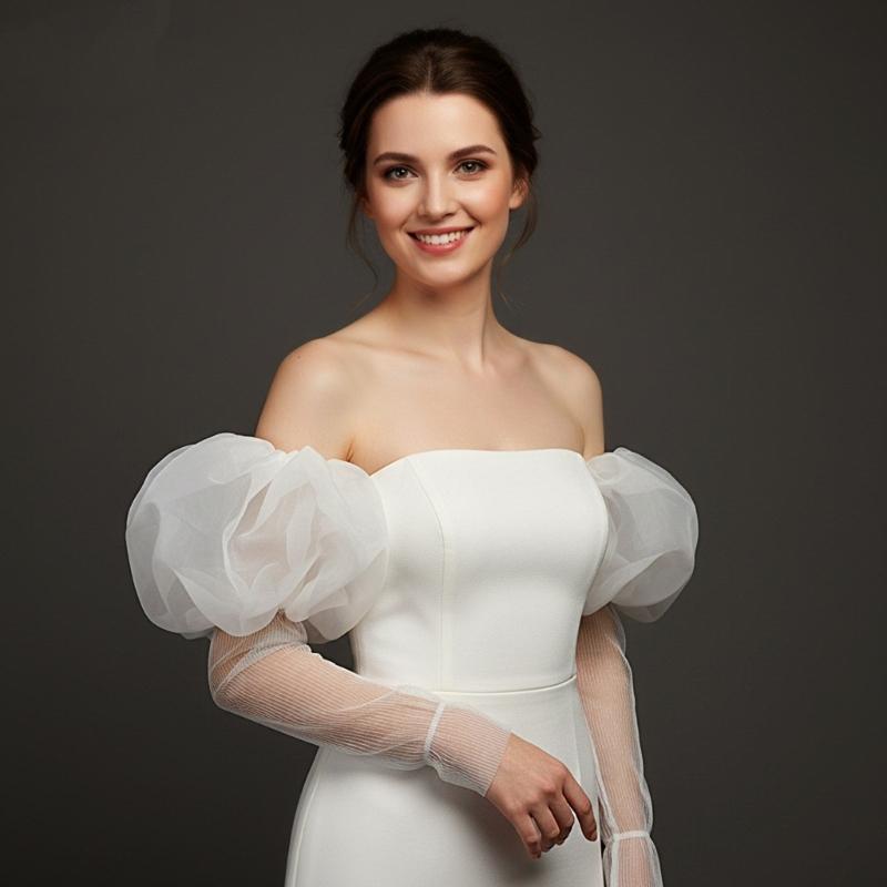 Handcrafts Sheer Bridal Gloves with Puff Design Fingerless Arm Sleeves for Photography and Stage Event Wedding Ceremony