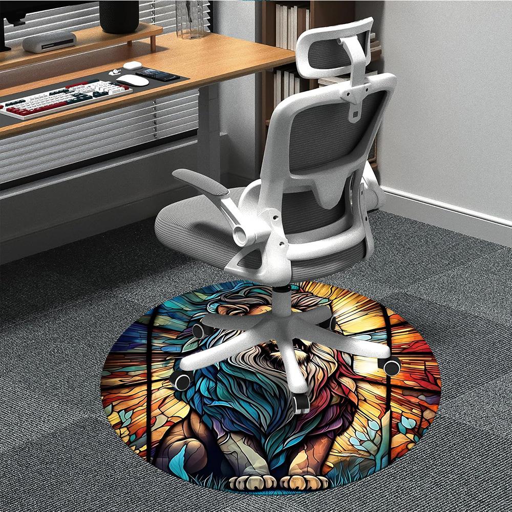 1PCStained Glass Lion Office Round Area Rug,  Mat Suitable For Office, Under Office Chairs Bedroom Living Room Home Decor, Room Deco