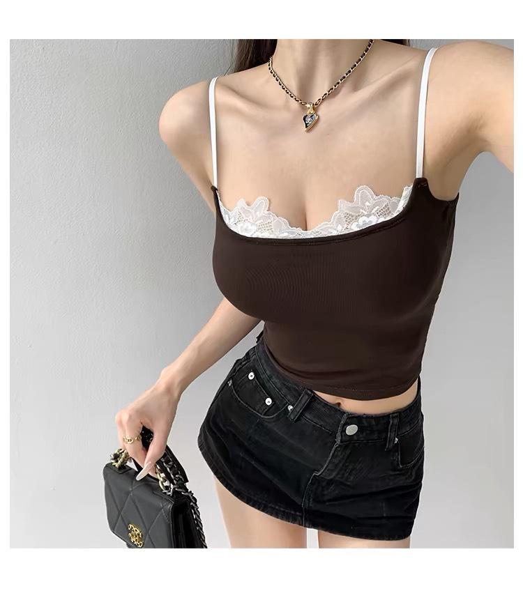 

Сексуальная майка из вискозы с кружевной отделкой для женщин - Летний облегающий топ 2024 One Size коричневый