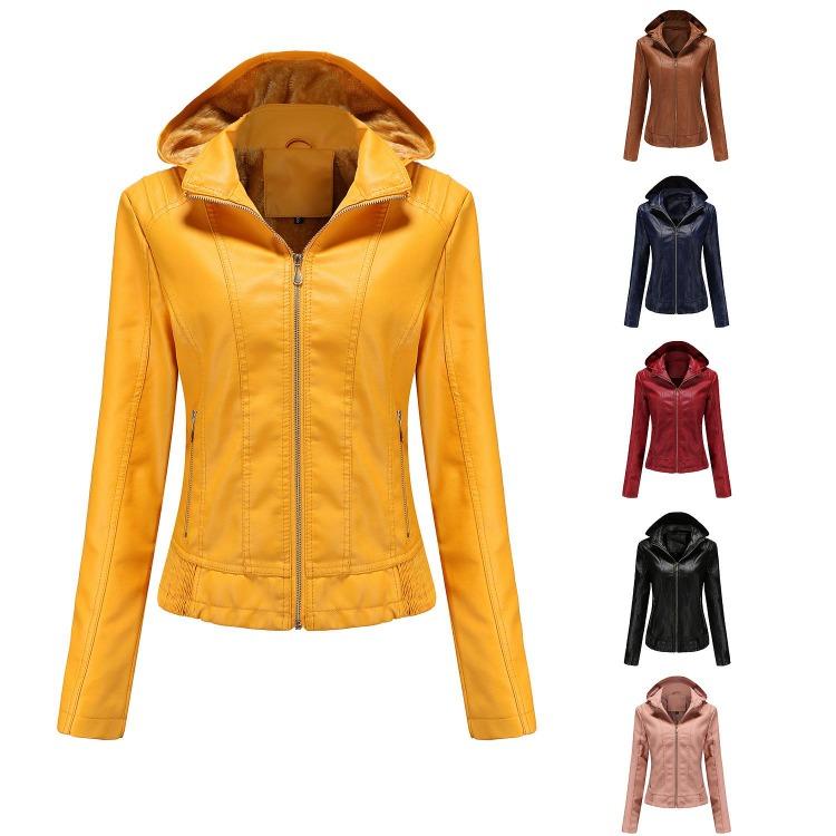 Women Leather Jacket Hooded Zipper Long Sleeve Fleece Slim Coat European Size