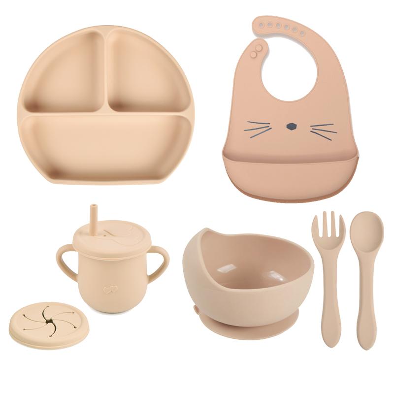 7pcs/set Baby Silicone Tableware Cartoon Printed Bibs Sucker Bowl Plate Cup Spoon Fork Sets Non-slip Children's Dishes BPA Free