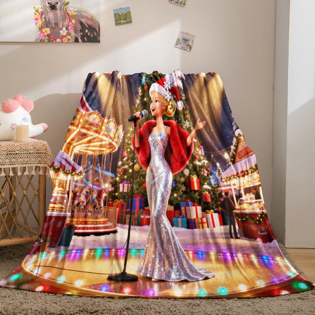 Christmas 3D Cute Barbie Printed Warm Throw Blanket for Home Travel Sofa Soft and Comfortable Picnic Blanket Birthday Gift