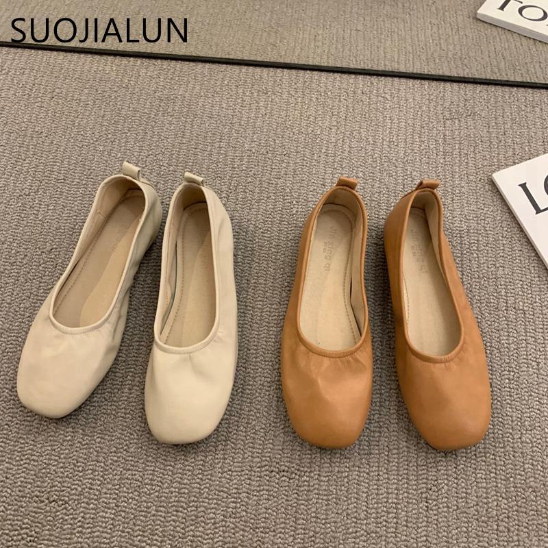 Fashion SUOJIALUN 2024 Summer New Women Flat Shoes Fashion Candy Color Ladies Round Toe Shallow Slip On Ballet Flats Soft Ballerinas Sho