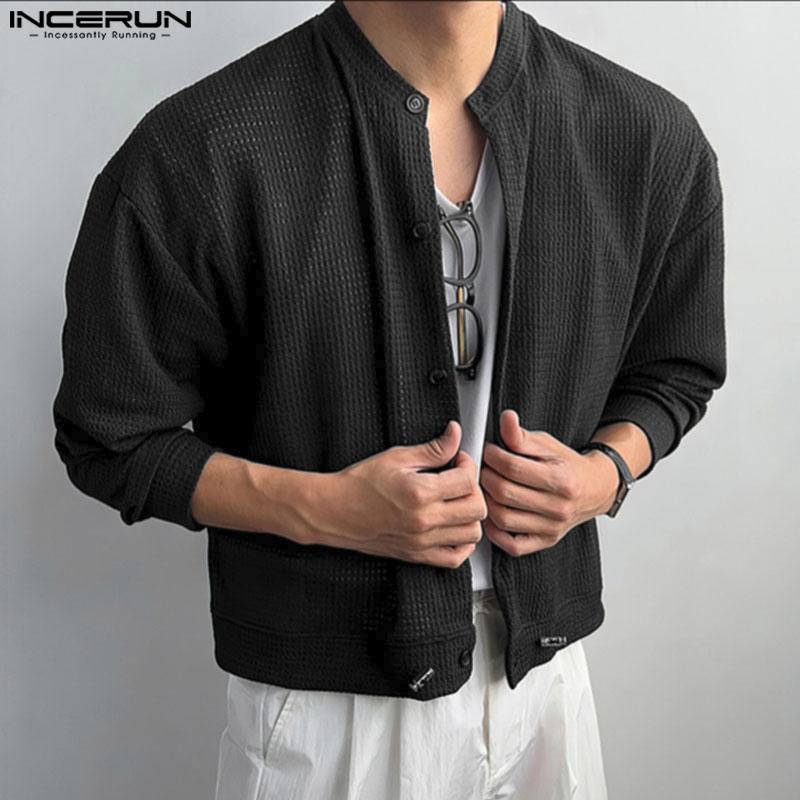 INCERUN Oversized Men Long Sleeve Hollow Webbing Casual Loose Cropped Tops Shirts