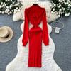 Autumn Spring Women Casual Stand Collar Full Sleeve Long Midi Knitted Sweater Pullover Dresses