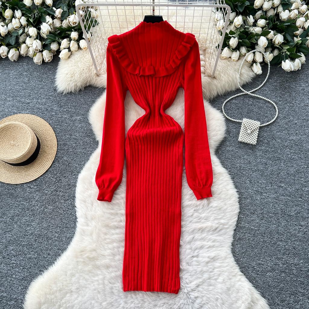 Autumn Spring Women Casual Stand Collar Full Sleeve Long Midi Knitted Sweater Pullover Dresses