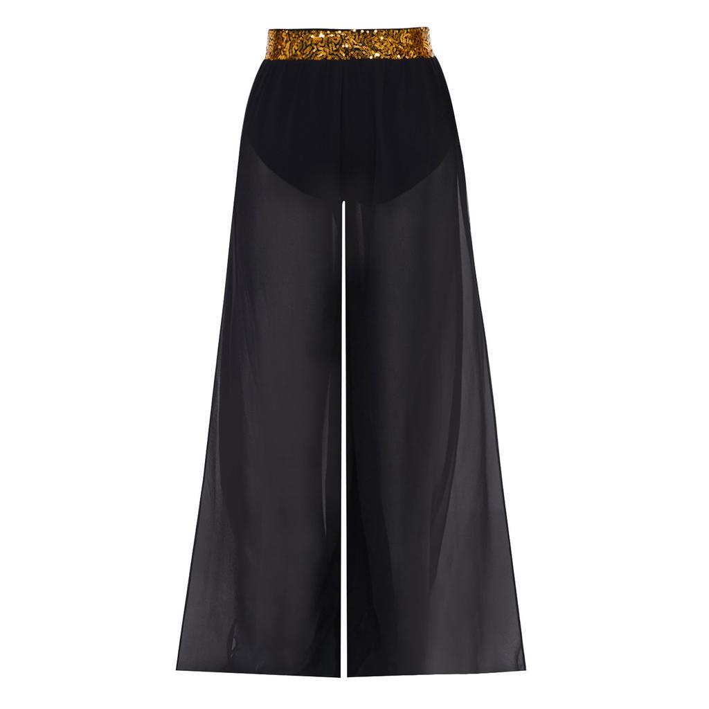 Fließende Chiffon-Überlage Tanzhose für Mädchen Weiter Bein Seitenschlitz Design Paillettenbund Performance Hose