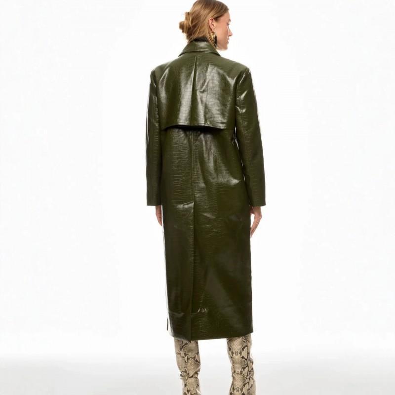 Womens Olive Green Croc PU Leather Trench Coat Double Breasted Lapel Longline Oversized Streetwear