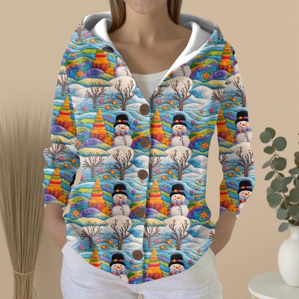 Women's Fashion Casual Sweater Button-Up Print Cardigan  Hooded Jacket
