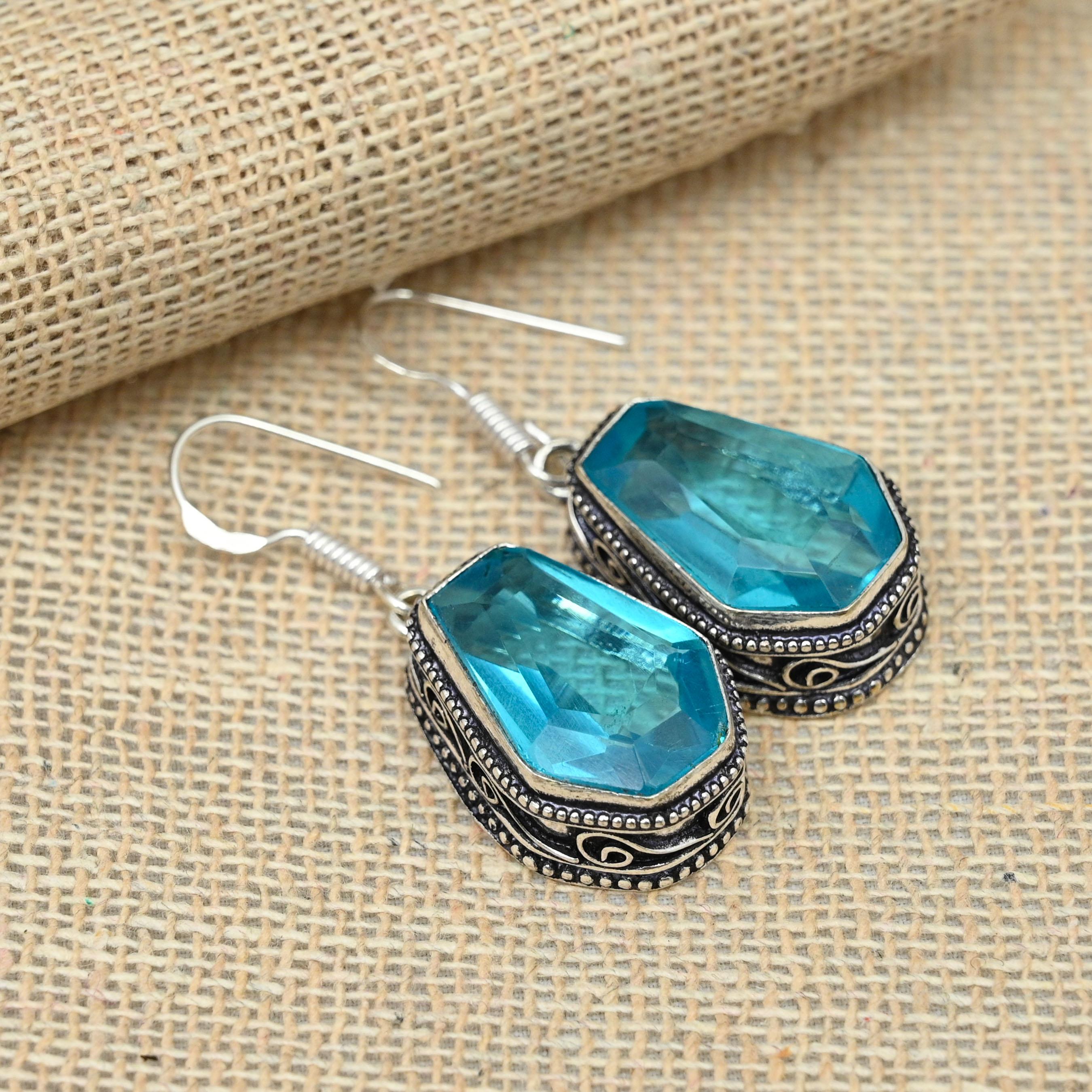 

Твердое серебро 925 пробы, швейцарский синий топаз, драгоценный камень, висячие серьги, ювелирные изделия ручной работы 1.57 Inches синий