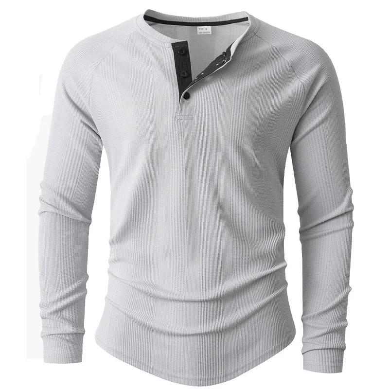 Koszulka bazowa T-shirt Paski pionowe Męska koszulka POLO Nowa okrągły dekolt Długi rękaw Henley