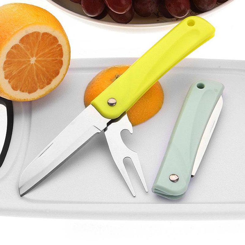 Stainless Steel Kitchen Fruit Knives ABS Handle Folding Slicing Knife with Fork Camping Pocket Peeler