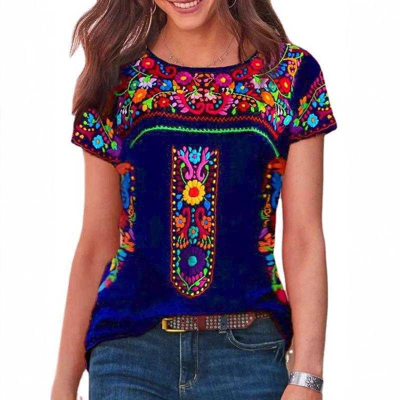 2022 Bohemian Print Women's Round Neck Short Sleeve T-shirt