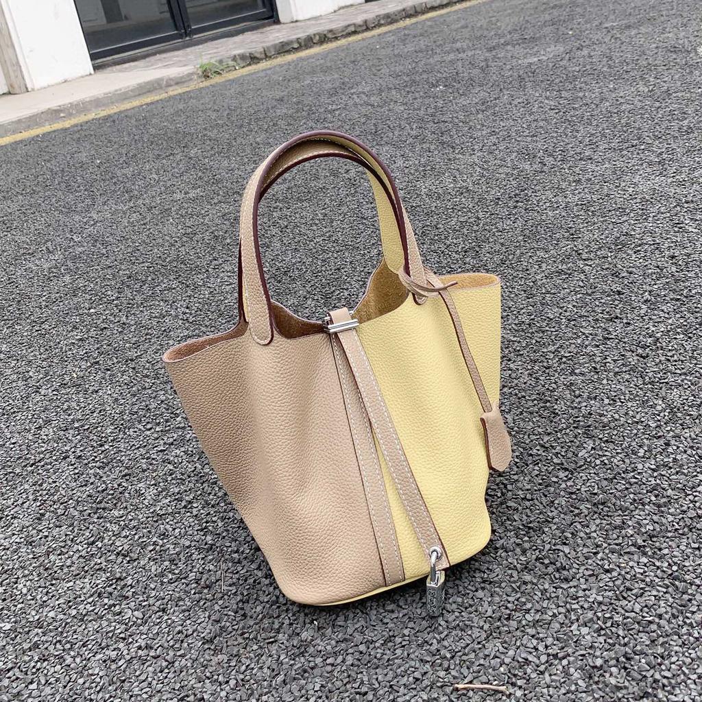 Damenhandtasche Togo-Leder Farbabstimmung Gemüsekorb Große Kapazität Handtasche Rindsleder Litschi-Muster Tasche Damen Kontrastfarbe Handtasche