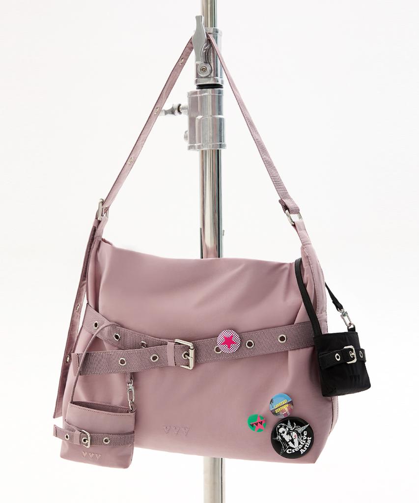 Vvv [Set/Pin Badge Included] Nylon Buckle Hobo Shoulder Crossbody Bag _ Pink