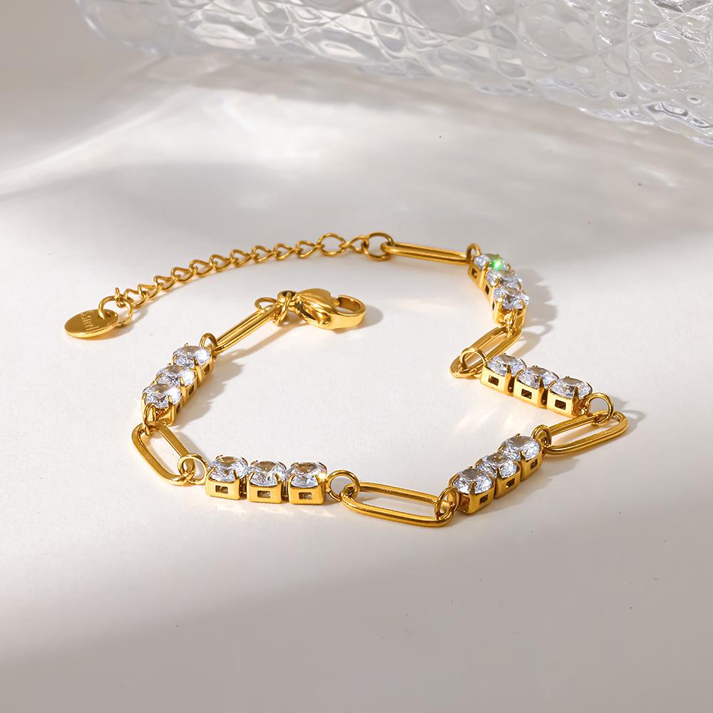 French Light Luxury Zircon Inlaid Stainless Steel Bracelet Women's Plated 18k Gold Paperclip Hollow High-end Ins Jewelry