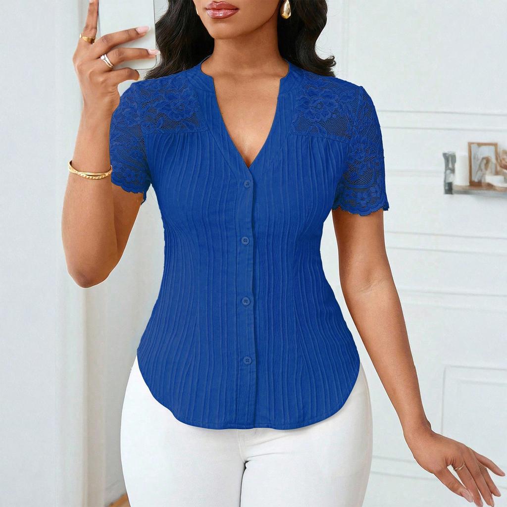 Women's Fashionable Versatile Single Breasted Color Slim Fit Embroidered Hollow Short Sleeved Top