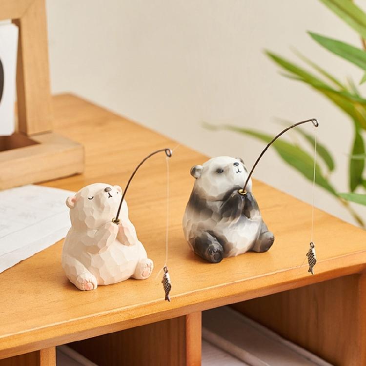 Funny Resins Wood Texture Animal Fishing Figurine Desktop Computer Monitors Decorations Funny Sculpture Dashboard Decors
