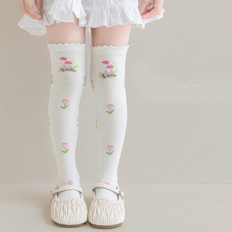 Children's Knee Length Cotton Socks Baby Girls Long Tube Socks Soft Stockings Flower Pattern for School Uniforms