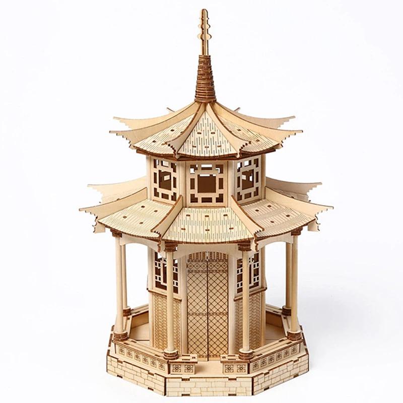 3D Wooden Puzzle Chinese Traditional Building Octagonal Pavilion DIY Assembly Kits Model Desktop Game Toys for Children Adults