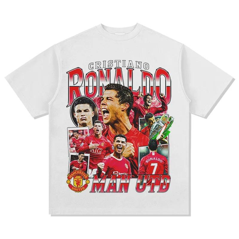 Football Star Cristiano Ronaldo Pattern Printed T-shirt Trend Comfortable Retro 100% Cotton Round Neck Short-sleeved T-shirt