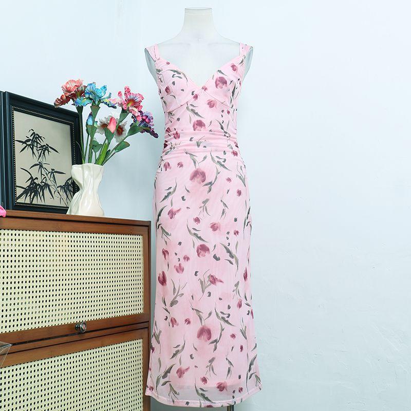 European and American Single Seaside Holiday Style Sexy V-neck Backless Mesh Floral Print Sling Long Dress Waist Hugging Slimming Dress Women