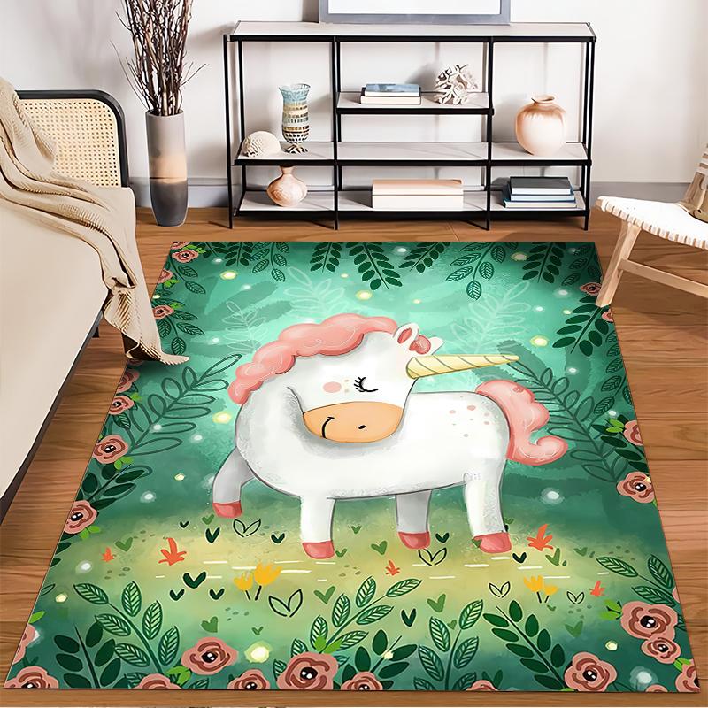 Cute Cartoon Unicorn Carpet with Green Floral Background Design Suitable for Use As an Anti-slip for Living Room Bedroom Sofas