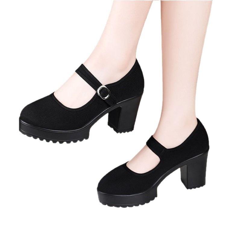 Medium heel cloth shoes spring black platform thick heel non-slip shoes square dance shoes single shoes